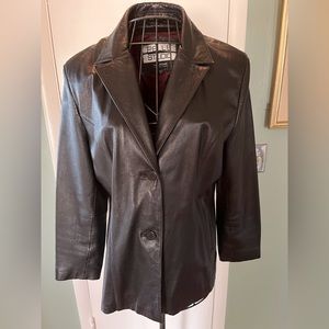 Black leather blazer, two button styling, slash pockets, size XL